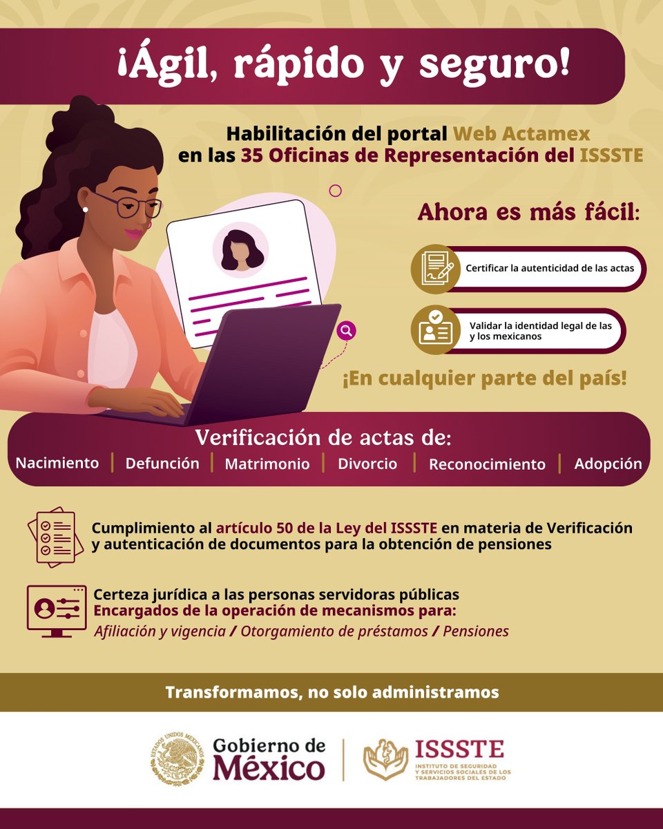 ISSSTE (@issste_mx) on Twitter photo ¡Excelentes noticias! 📰 Gracias a la coordinación con <a href="/SEGOB_mx/">Gobernación</a>, a través del Registro Nacional de Población e Identidad #RENAPO, se ha habilitado el servicio del Portal de Consulta Web ACTAMEX 📃 en las 35 Oficinas de Representación del ISSSTE, con lo cual se garantiza la ¡Excelentes noticias! 📰 Gracias a la coordinación con <a href="/SEGOB_mx/">Gobernación</a>, a través del Registro Nacional de Población e Identidad #RENAPO, se ha habilitado el servicio del Portal de Consulta Web ACTAMEX 📃 en las 35 Oficinas de Representación del ISSSTE, con lo cual se garantiza la