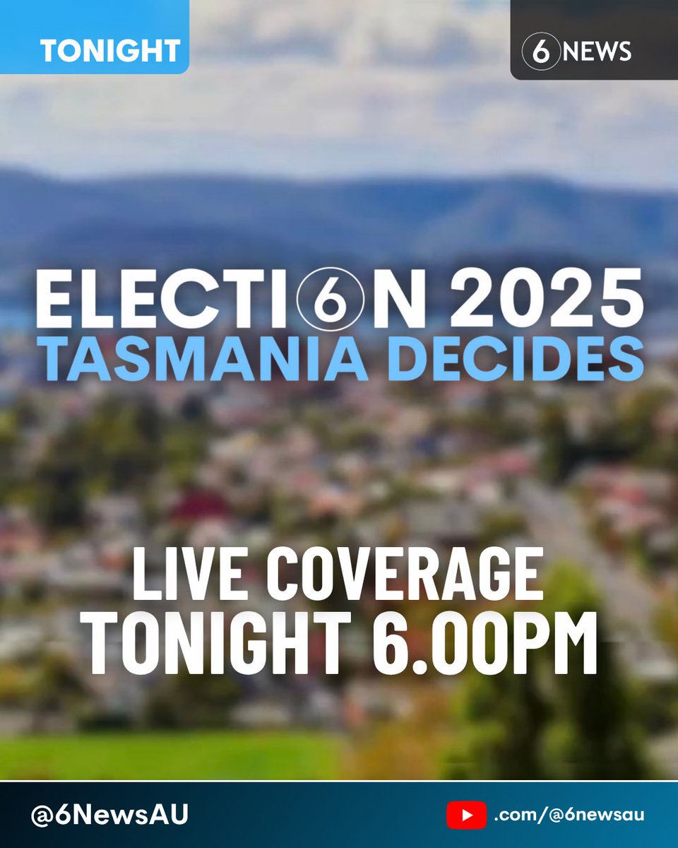 TONIGHT: Tasmania Decides with LIVE election night coverage on 6 News.

Watch here from 6pm AEST: youtube.com/live/vfAEtwFF5…