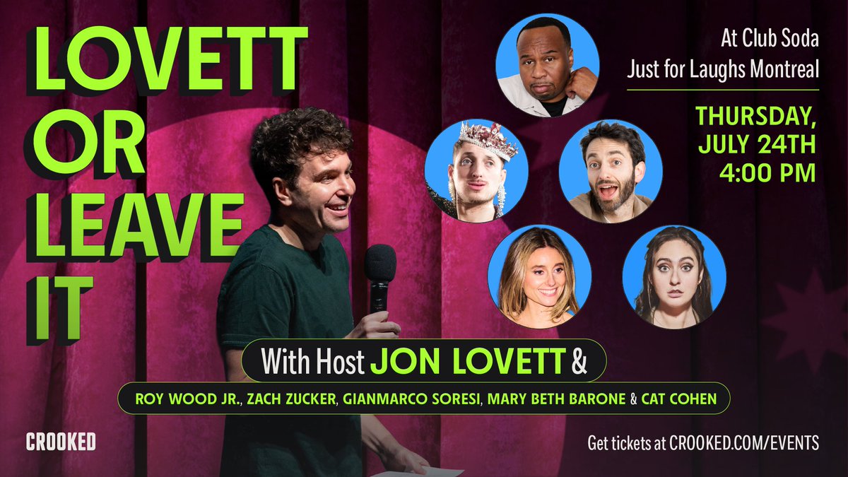 CrookedMedia's tweet image. Montreal! Lovett or Leave It is coming to you on July 24th and we're bringing one of the most insane comedy lineups we've ever assembled for good measure. Don't miss it!
Get tickets now at crooked.com/events!