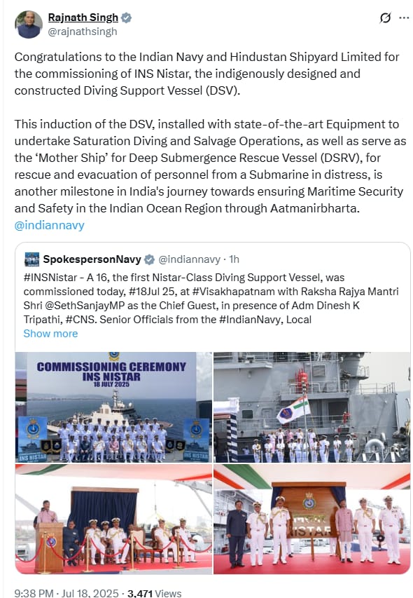 UpendrraRai's tweet image. Defence Minister @rajnathsingh posts, "Congratulations to the #IndianNavy and #HindustanShipyardLimited for the commissioning of INS Nistar, the indigenously designed and constructed Diving Support Vessel (#DSV). This induction of the DSV, installed with state-of-the-art…