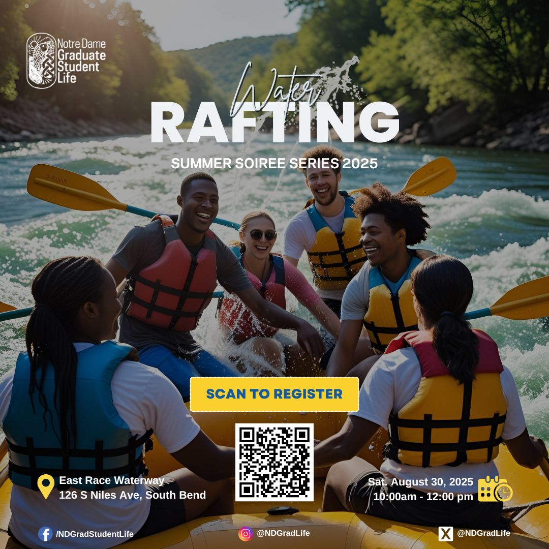 NDGradLife's tweet image. 🚨 New Date!

Grad Life Rafting on the East Race - Summer Soirée Series is now set for Saturday, August 30 🌊🚣‍♀️

Join us for a fun summer day on the water with fellow grad students!

🕒 10 am - 12 pm | 📍 East Race Waterway
🔗 gradlife.nd.edu/programs-event…

#SummerSoireeSeries #Rafting