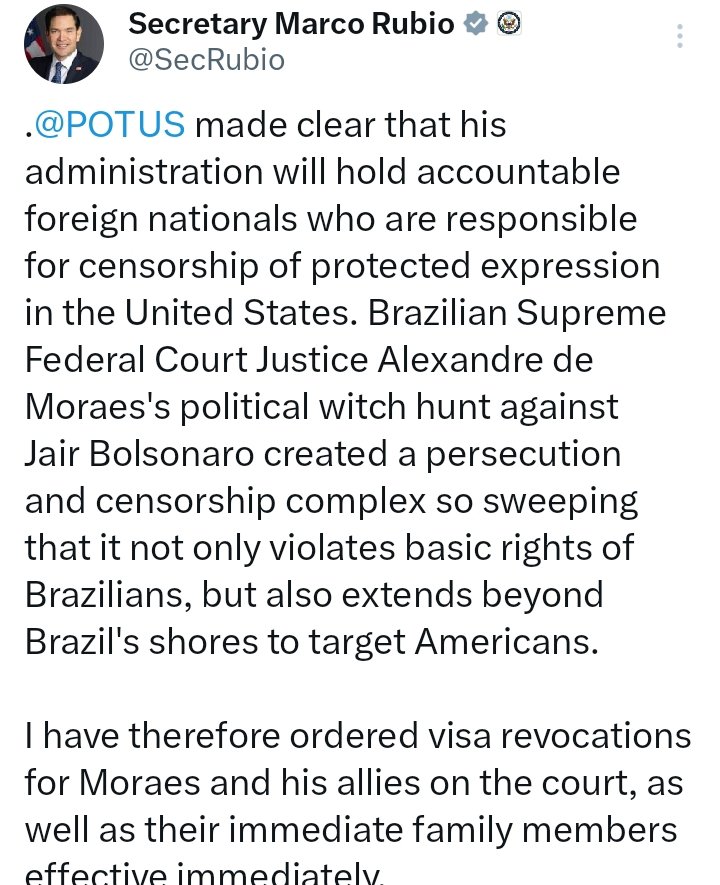 Marco Rúbio na verdade está aplicando sanções à suprema corte brasileira.
É o STF que tem impedido as tentativas de golpe e para os EUA é necessário destruir o STF.
O objetivo aqui não é salvar Bolsonaro, mas tomar o poder no Brasil para impedir a autonomia da América latina