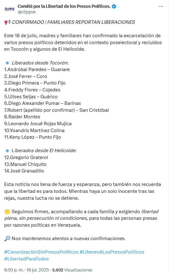 EVTV (@evtvmiami) on Twitter photo #ÚltimaHora | Familiares confirman liberación de presos políticos en Tocorón y El Helicoide
El Comité por la Libertad de los Presos Políticos ( <a href="/clippve/">Comité por la Libertad de los Presos Políticos.</a> ) compartió la lista de algunos de los excarcelados.
Más en EVTV.online #ÚltimaHora | Familiares confirman liberación de presos políticos en Tocorón y El Helicoide
El Comité por la Libertad de los Presos Políticos ( <a href="/clippve/">Comité por la Libertad de los Presos Políticos.</a> ) compartió la lista de algunos de los excarcelados.
Más en EVTV.online