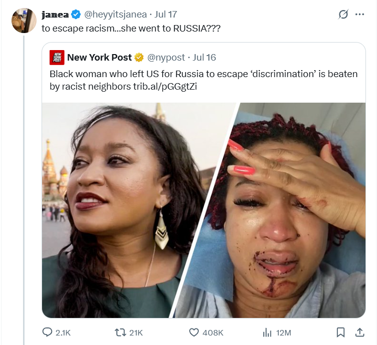 I looked this dumb thing up. The woman was born in Russia but socialized in the US — with everything that entails.

After returning to Russia, she cluttered the shared corridor of a Soviet apartment block with random stuff. Neighbors (normal-looking people) repeatedly confronted