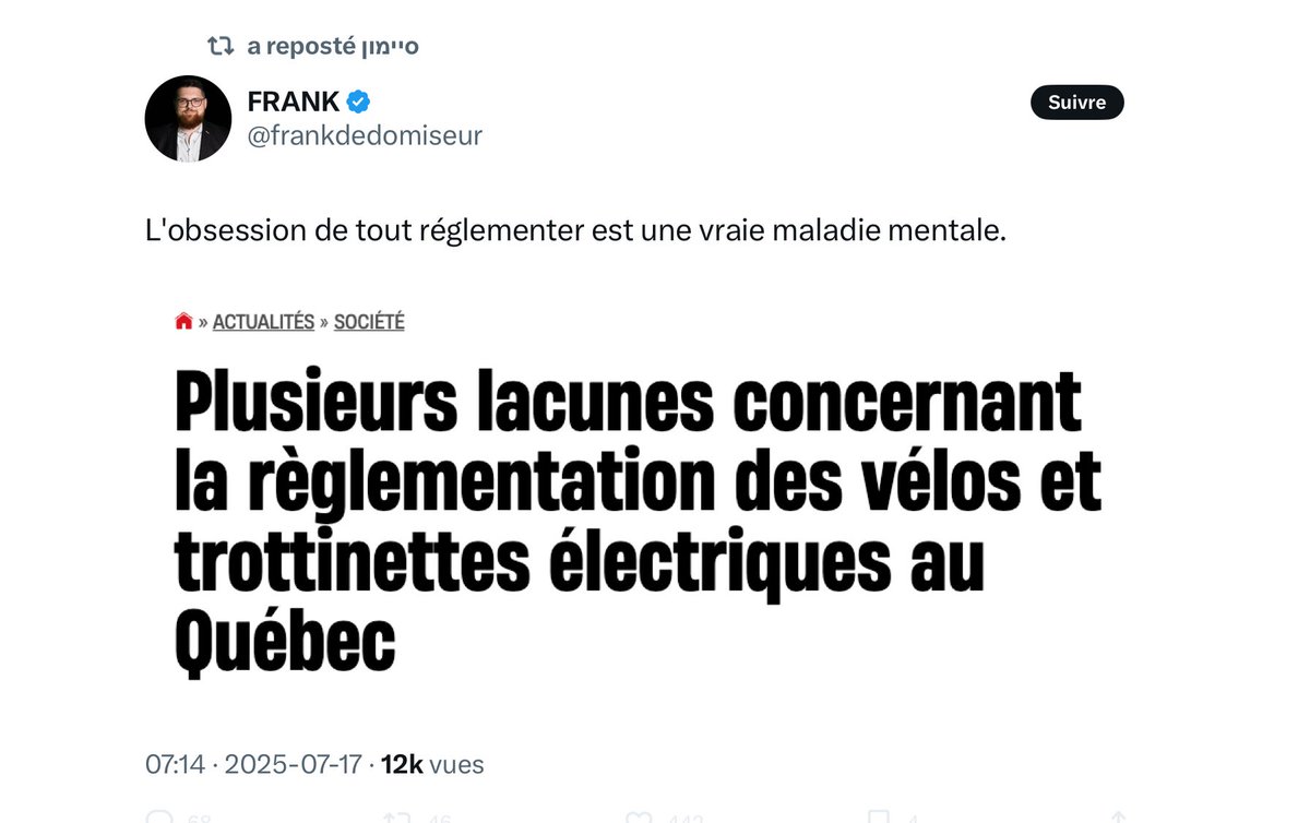TheValley451's tweet image. Ça paraît que Frank ne sort pas souvent de son sous-sol. Il devrait faire du sport, ça lui ferait du bien.
Mes 2500 km annuel de vélo montréalais me confirment quotidiennement qu’il y a définitivement un ostie de problème avec les bébelles électriques qui roulent trop vite.