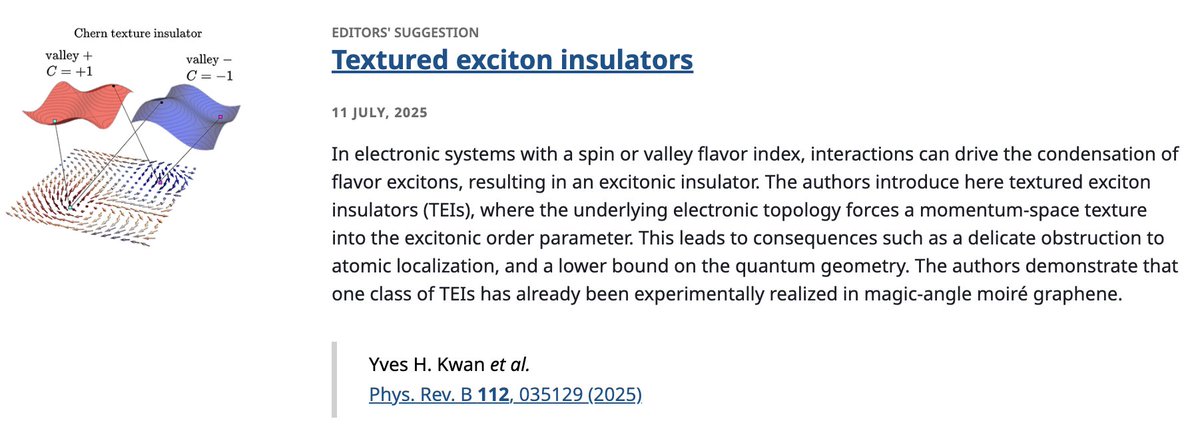 PhysRevB's tweet image. PRB Editors' Suggestion: Textured #exciton #insulators
Yves H. Kwan, Ziwei Wang, Glenn Wagner, Steven H. Simon, S. A. Parameswaran, and Nick Bultinck
Phys. Rev. B 112, 035129
➡️ go.aps.org/3IqzheT
#EdSugg @APSPhysics #physics #condmat