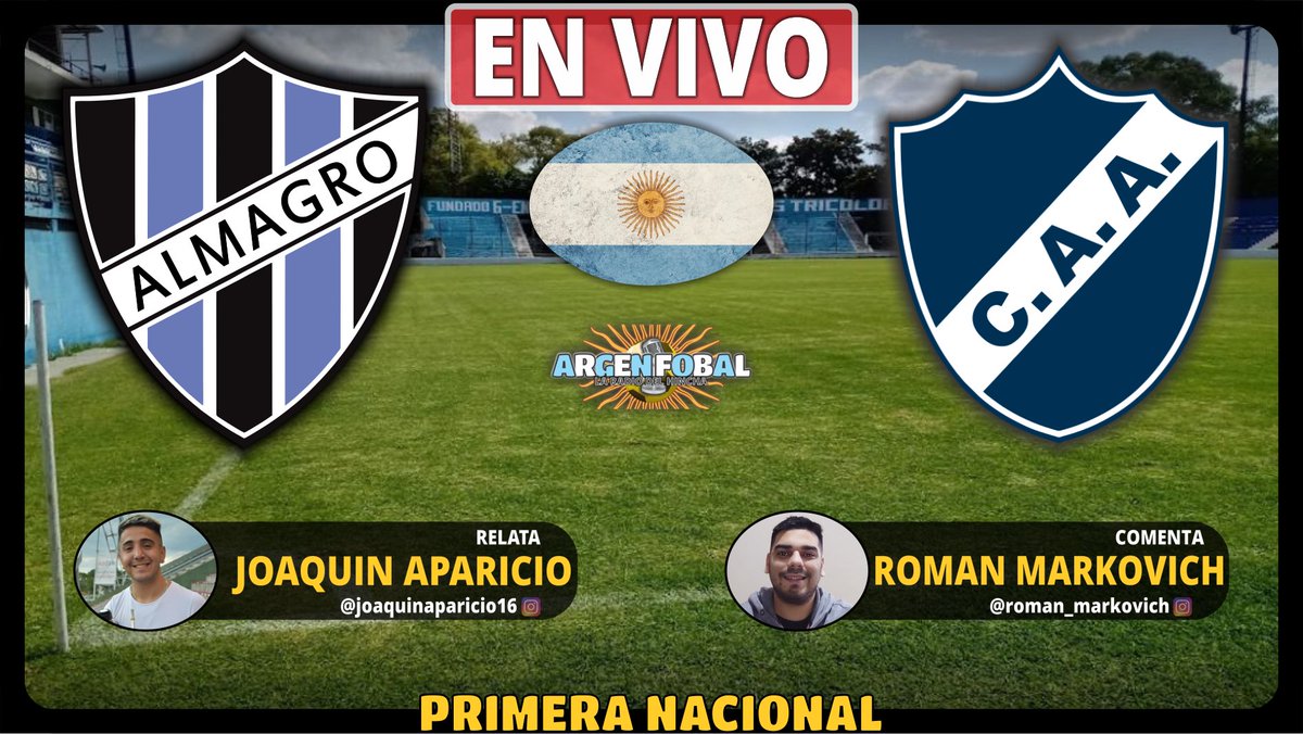 🇦🇷 #PrimeraNacional 2025
🔵⚫️ #Almagro - 🔵⚪️ #Alvarado
⏲️ Sab 19/07 1330hs PER/COL 15:30hs ARG/BRA
🎙️Joaquín Aparicio <a href="/Jooaquiin16/">Joaquin 💎</a> 
🎙️Román Markovich 
🎙️Eric Cayo
📼Producción ArgenFobal
📻 youtube.com/live/nuxsaGF7u…