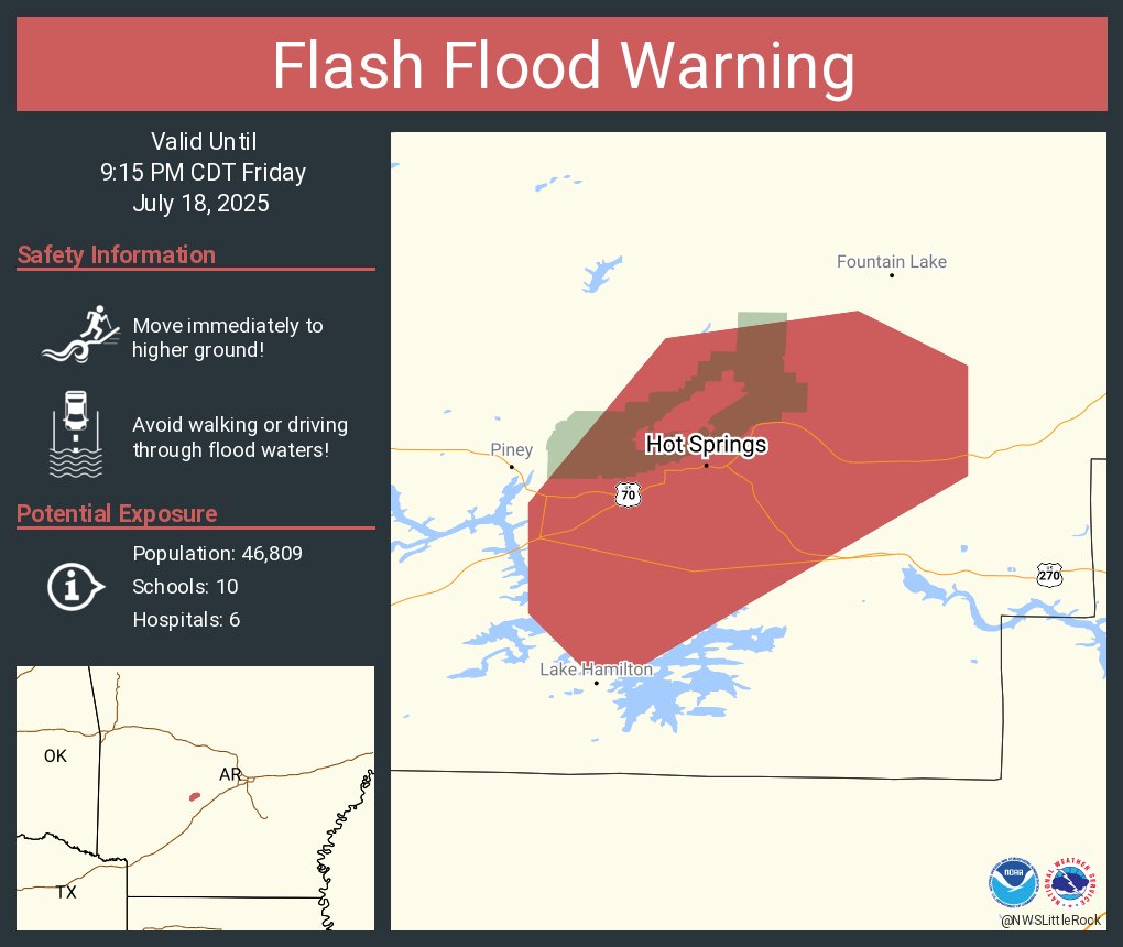 NWSLittleRock's tweet image. Flash Flood Warning including Hot Springs AR until 9:15 PM CDT