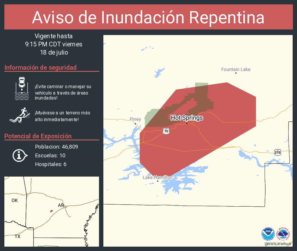 NWSLittleRock's tweet image. Aviso de Inundación Repentina incluye Hot Springs AR hasta las 9:15 PM CDT
