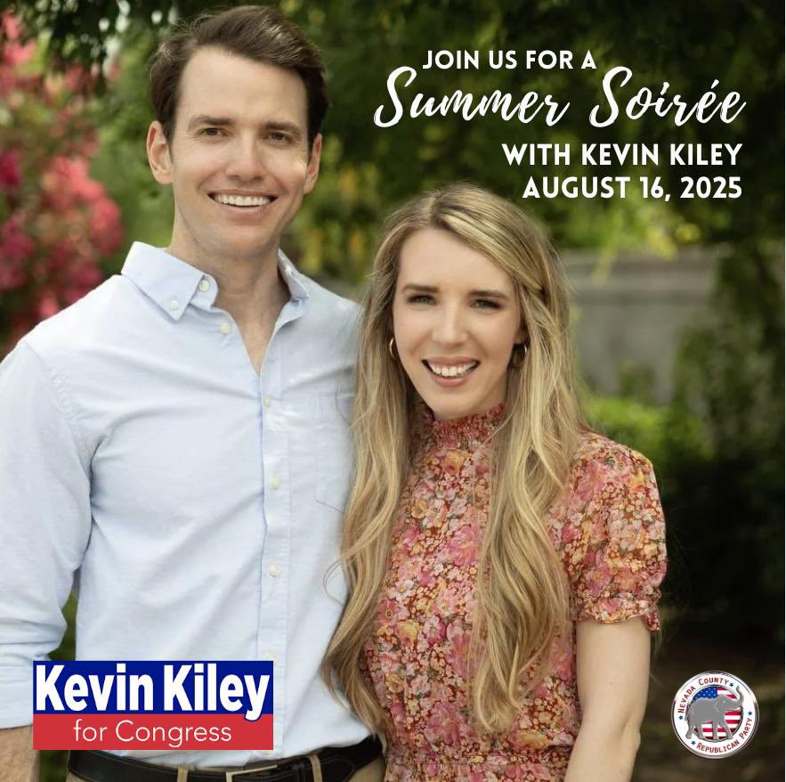 GOPNevadaCounty's tweet image. Save the date! Come join us for an evening with Kevin Kiley and the Nevada County Republican Party.
To register: bit.ly/kileysummersoi…
Questions?
Email: info@nevadacountygop.org
Call / Text: (530) 478-1467