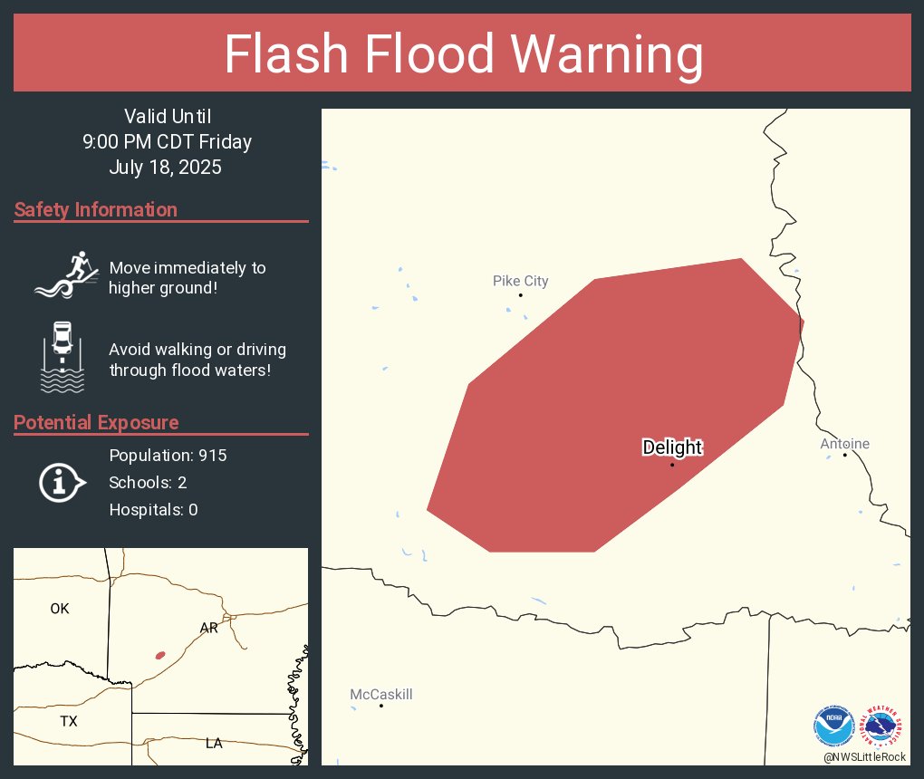 NWSLittleRock's tweet image. Flash Flood Warning including Delight AR until 9:00 PM CDT