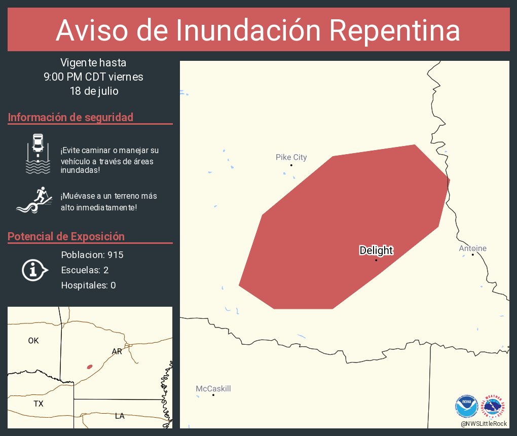 NWSLittleRock's tweet image. Aviso de Inundación Repentina incluye Delight AR hasta las 9:00 PM CDT