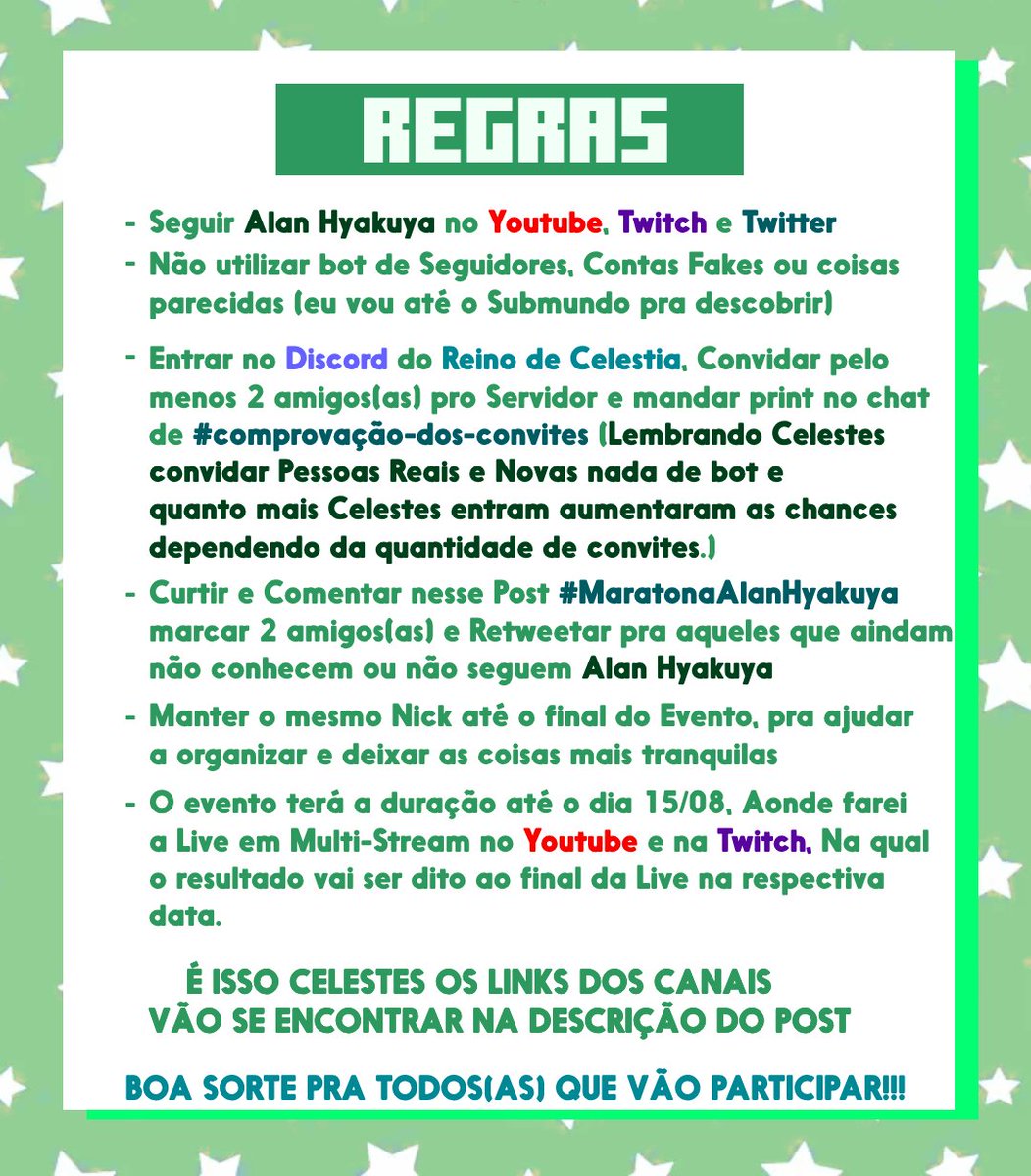✨EVENTINHO PARA AJUDA NA META DE 1000 CELESTES ATÉ O FINAL DO ANO ✨

🍀INFORMAÇÕES NOS POSTS ABAIXO ALÉM DOS LINKS A SEREM SEGUIDOS🍀

🍀BOA SORTE CELESTES🍀

#MaratonaAlanHyakuya