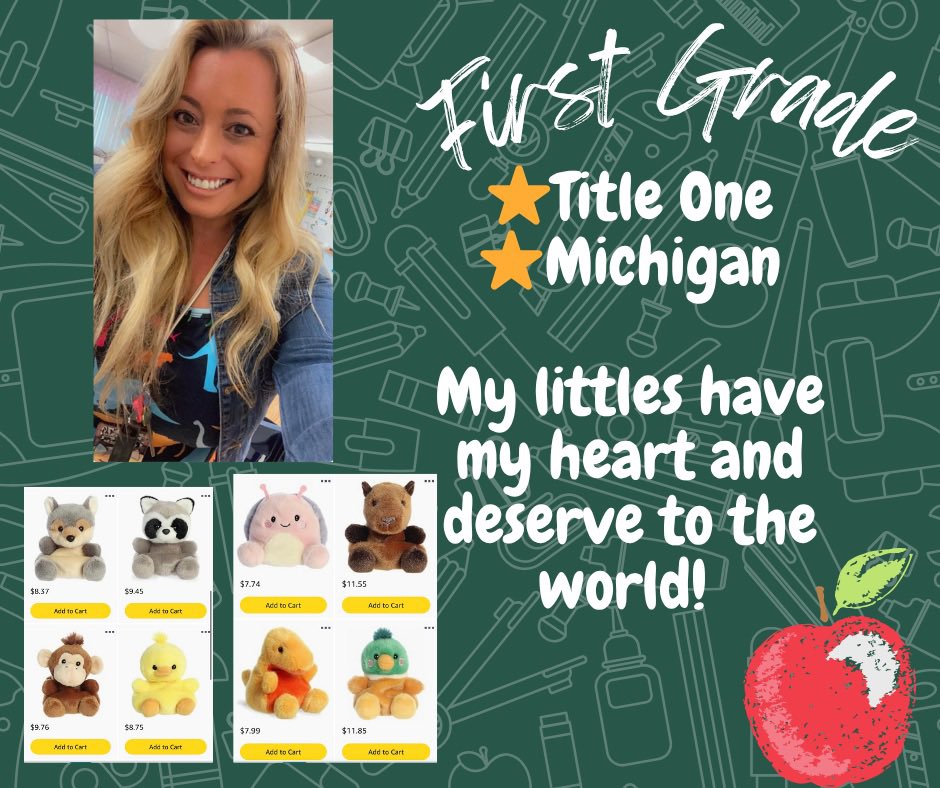 First grade teacher in a low income school, Title 1 in Michigan. 

amazon.com/hz/wishlist/ls…

My list is for reading buddies that my littles can adopt for being responsible, respectful and kind! Any help is so appreciated! 🩷✏️🩷 #clearthelist