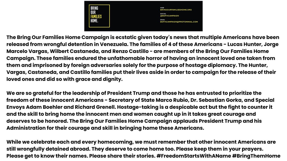 BOFHcampaign's tweet image. Statement from the @BOFHcampaign about the release of Americans wrongfully detained in Venezuela. @POTUS @realDonaldTrump @SecRubio @SebGorka @aboehler @RichardGrenell @StateSPEHA