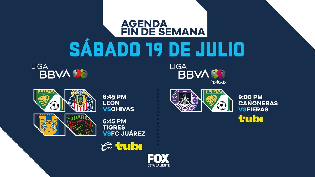 somos_FOX's tweet photo. Mañana la magia continua. 🪄🇲🇽⚽️
▶️ @clubleonfc vs @Chivas
▶️ @TigresOficial vs @fcjuarezoficial
▶️ #Cañoneras vs #Fieras
🟣 No te los pierdas EN VIVO por nuestras pantallas y a través de @tubi_mx. 👉🏼https://t.co/4VFmV88vg6 https://t.co/mG7jf7E5HK