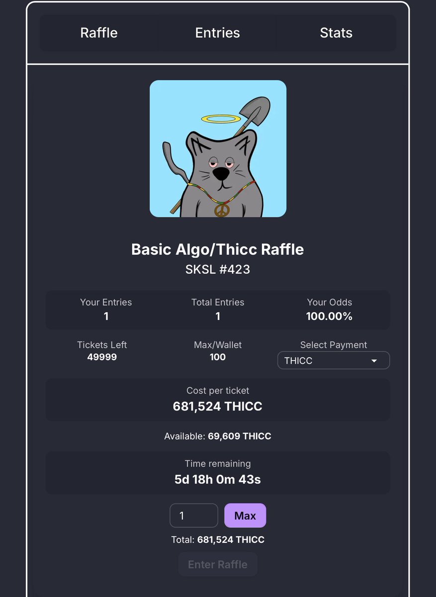 BasicWorld_'s tweet image. I know this looks like the same ole Multi Asset Raffle but this is the first time I’ve gotten dynamic ticket prices to work for a raffle! The Thicc price should be ~ 1a worth even if it spikes or dives during the raffle!

Anyway just happy with the progress. Go buy a ticket!! 🎟️