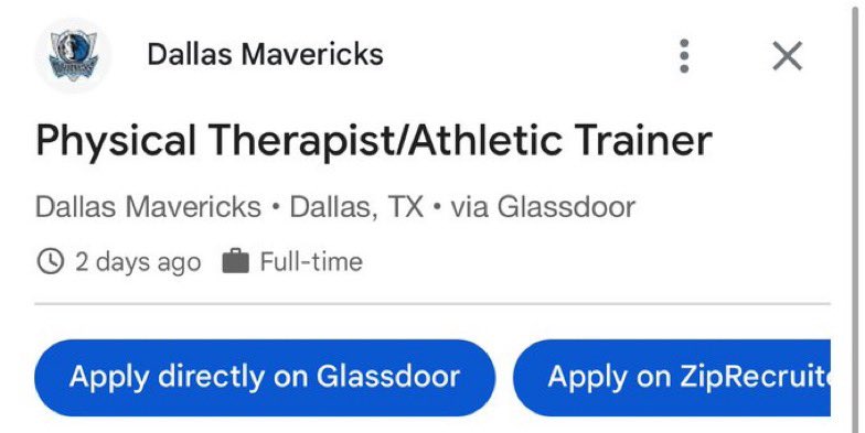 Mavs_FFL's tweet image. Report: Mavs are still seeking a physical therapist, per Glassdoor
#MFFL