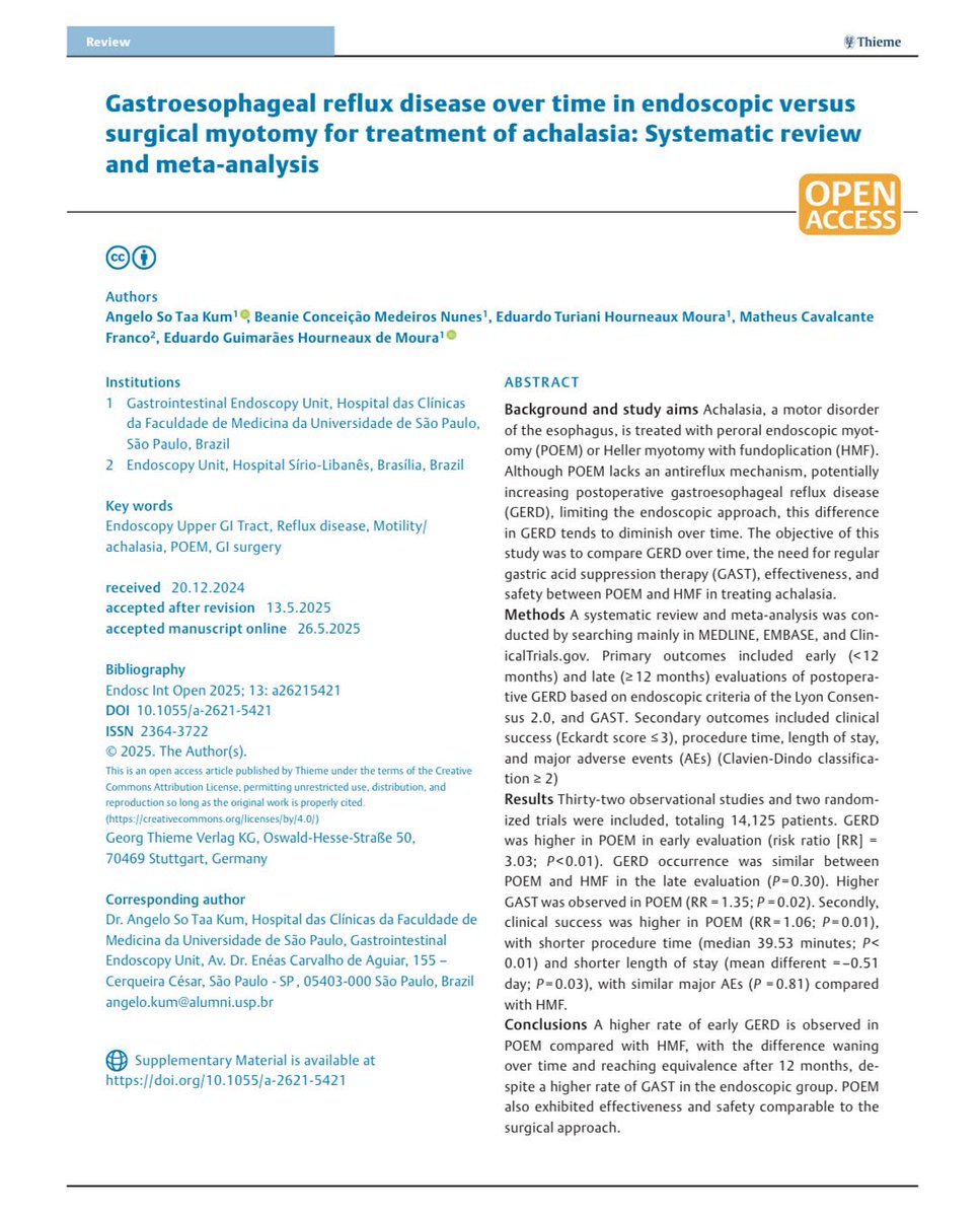 MatheusFrancoMD's tweet image. Grateful for the opportunity to join this work led by Dr. Angelo Kum Just published in Endoscopy Int Open 🎉
POEM showed great results vs. surgery ✅⏱🏥 #Achalasia #Endoscopy #POEM
@UTHealthGastro