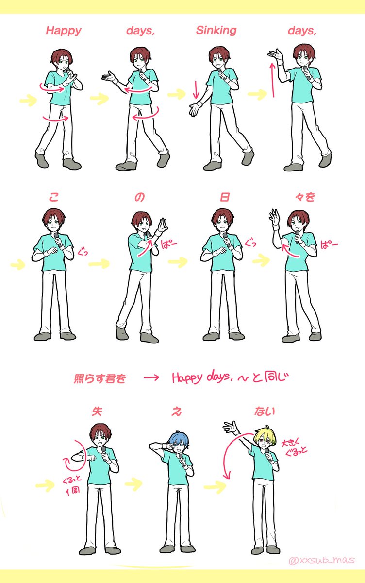 Sunny day,Perfect dayの振り付けメモ📝
ダンス可愛い〜
みんな踊ってバズらせよう！

ダンス素人によるメモなので参考程度に…
#SideM10th_day1