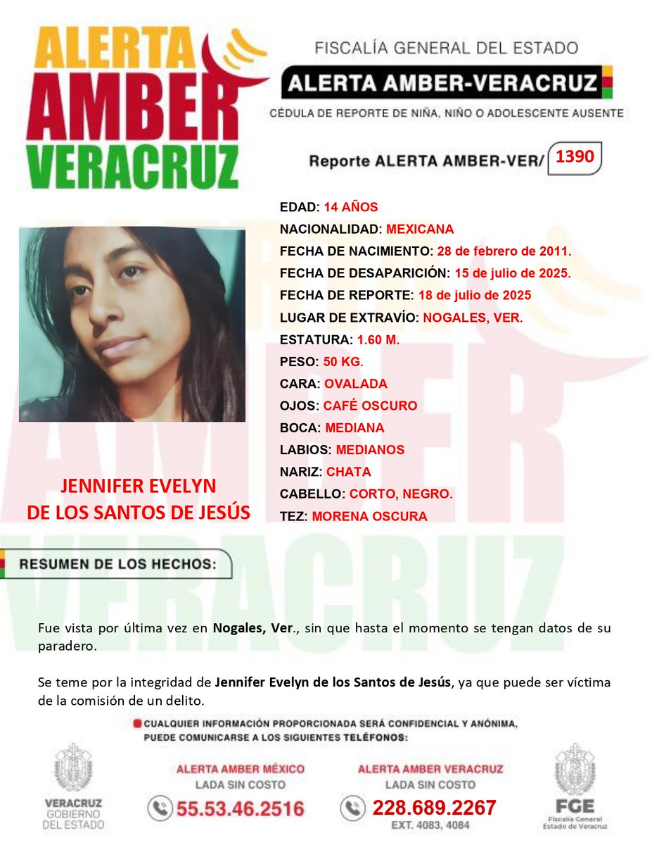 #AlertaAmberVer SOLICITA su colaboración en la BÚSQUEDA Y LOCALIZACIÓN de la adolescente Jennifer Evelyn de los Santos de Jesúsde 14 años de edad #SiLoVesREPORTA #HasVistoA #Nogales #CiudadMendoza #RioBlanco #Jalapilla @aamber_verAAVERACRUZ 228-168-2143 EXT. 4083 o EXT. 4084