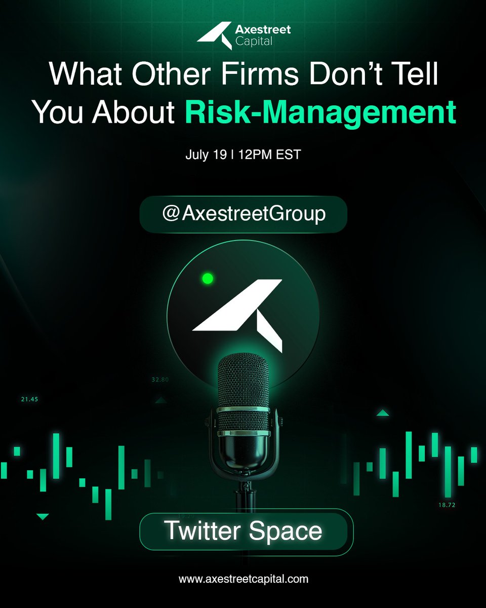 Join us tomorrow, July 19th at 12pm EST for another Twitter Space. 

🎙️What Other Firms Don't Tell You About Risk-Management 

Learn the truth about sustainable performance in the prop firm industry and how it is only possible at Axestreet.