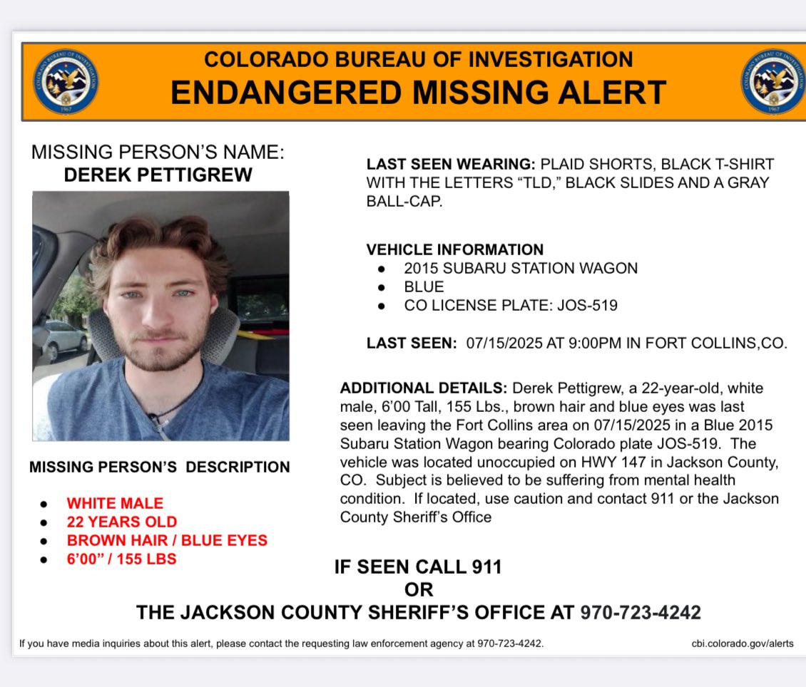 CBI_Colorado's tweet image. Derek Pettigrew, a 22-yoa last seen leaving Fort Collins 07/15/2025 in a Blue 2015 Subaru Station Wagon bearing Colorado plate JOS-519. Car was located unoccupied on HWY 127 in Jackson County, CO. If located, use caution and contact 911 or the Jackson Co. Sheriff’s Office.