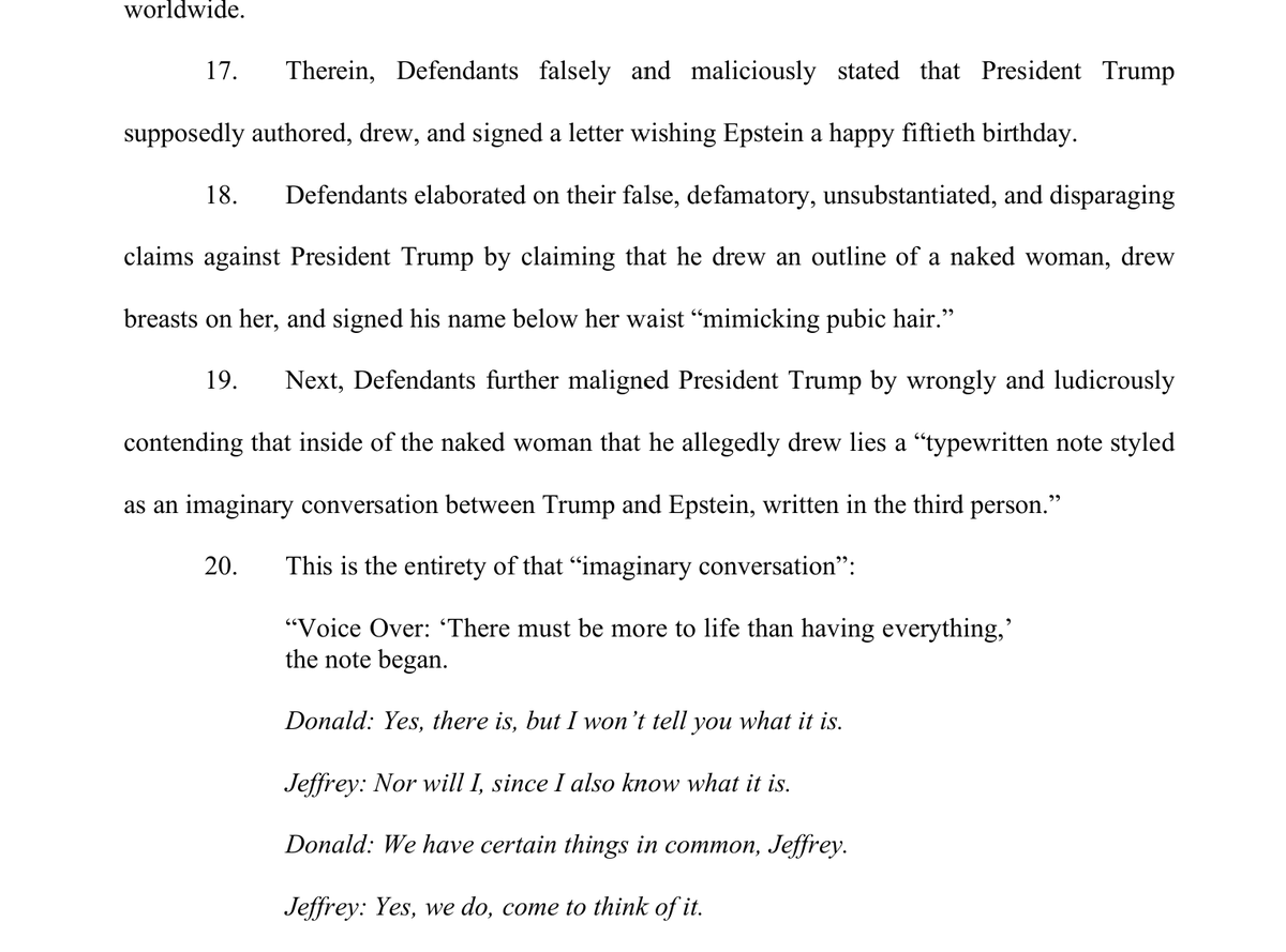 ASFleischman's tweet photo. Here is the part of the lawsuit identifying the false statement.
The WSJ quite clearly says "we don't know how this was prepared"
So it's difficult to see how they are claiming that Trump authored the letter. They are simply providing true facts and letting the audience decide https://t.co/8jdOhar2mj