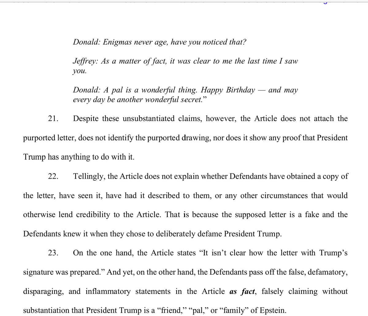 ASFleischman's tweet photo. Here is the part of the lawsuit identifying the false statement.
The WSJ quite clearly says "we don't know how this was prepared"
So it's difficult to see how they are claiming that Trump authored the letter. They are simply providing true facts and letting the audience decide https://t.co/8jdOhar2mj