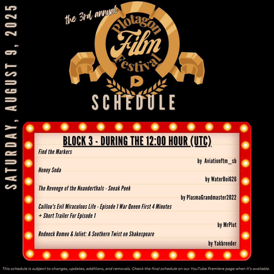 Plotagon's tweet image. 1st 1/2 of 2025 Plotagon Film Festival schedule! There was such a great selection of entries, we increased to 6 blocks this year!

Times are listed in UTC. Visit dateful.com/convert/utc to find your times!

Check Plotagon&apos;s YouTube to set reminders a few days before Aug 9th!