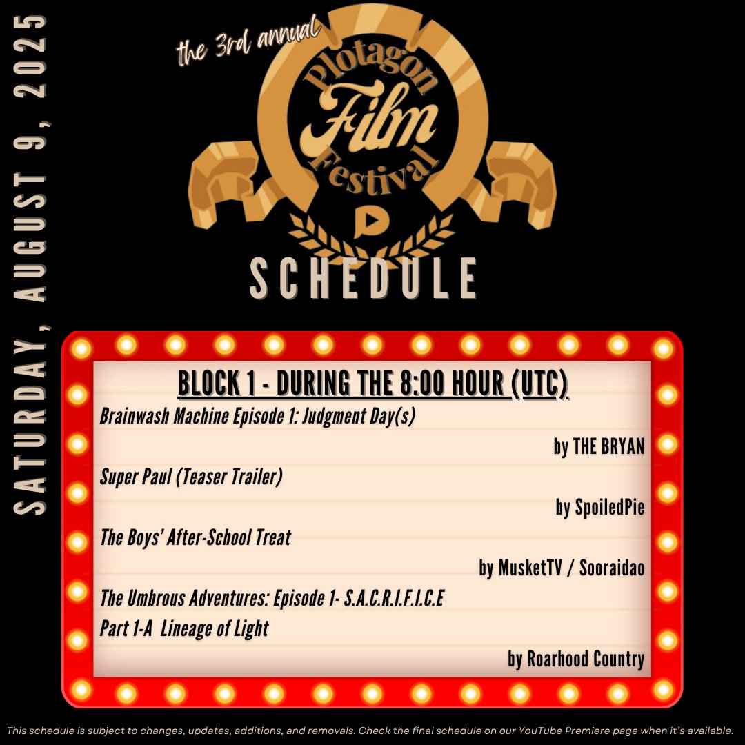 Plotagon's tweet image. 1st 1/2 of 2025 Plotagon Film Festival schedule! There was such a great selection of entries, we increased to 6 blocks this year!

Times are listed in UTC. Visit dateful.com/convert/utc to find your times!

Check Plotagon&apos;s YouTube to set reminders a few days before Aug 9th!