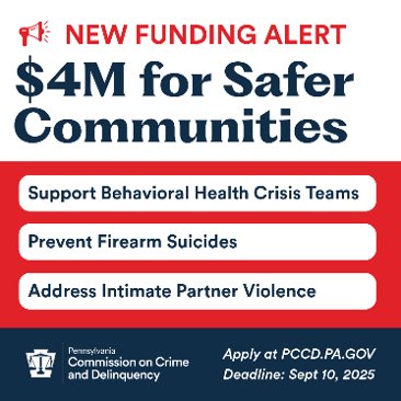 PaCrimeComm's tweet image. 🚨 NEW FUNDING ALERT
The @GovernorShapiro and @LGAustinDavis Administration is investing $4M to reduce #GunViolence, prevent intimate partner homicides, and improve #BehavioralHealth crisis response in #PACommunities.
📅 Apply by Sept 10!
🔗 Get all the details and apply at:…