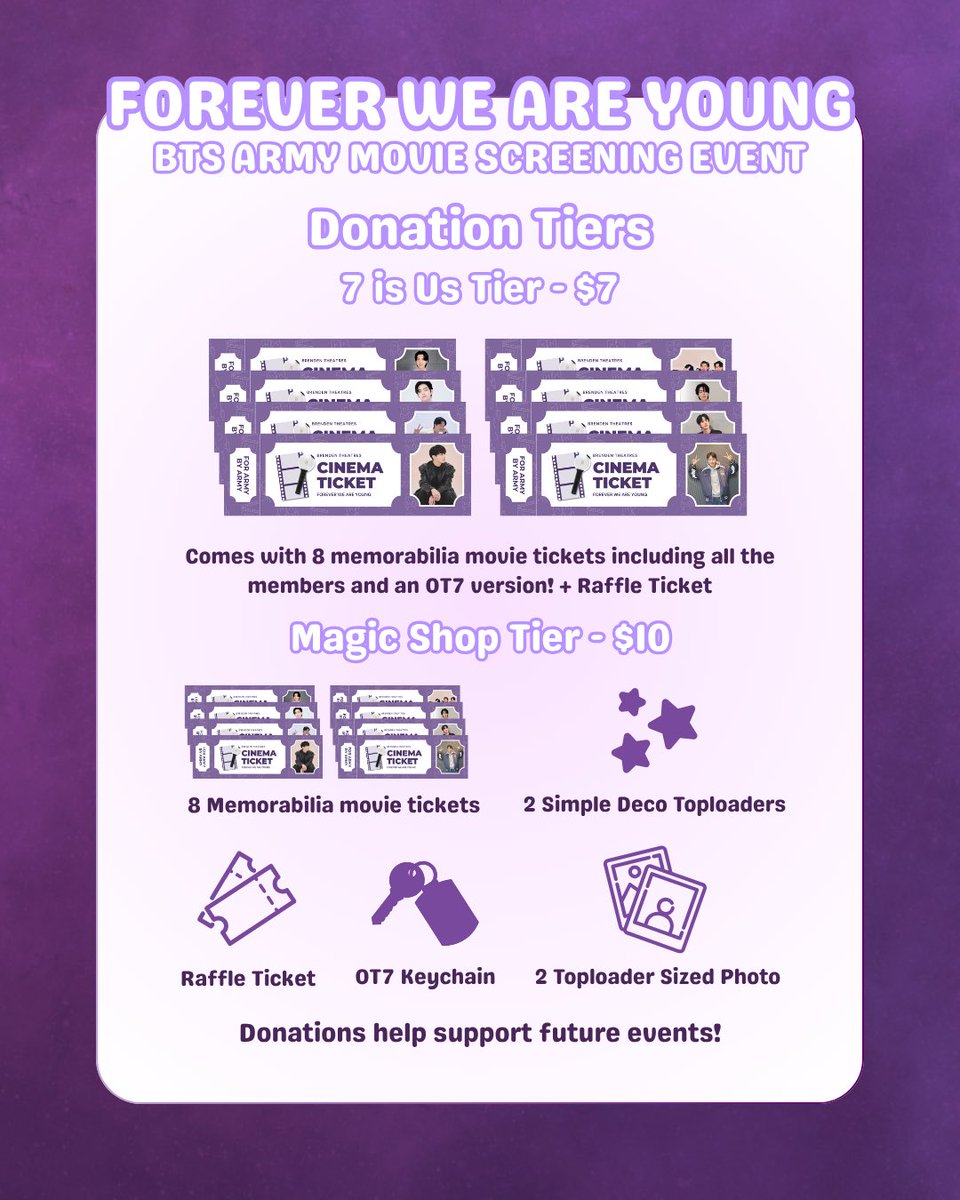 lorenzitasantos's tweet image. ARMY! Support future BTS events with the "FOREVER WE ARE YOUNG" Donation Tiers!
Event: July 30 (raffle!) & Aug 2 @ Brenden Theatres in the Palms.
Tix: brendentheatres.com