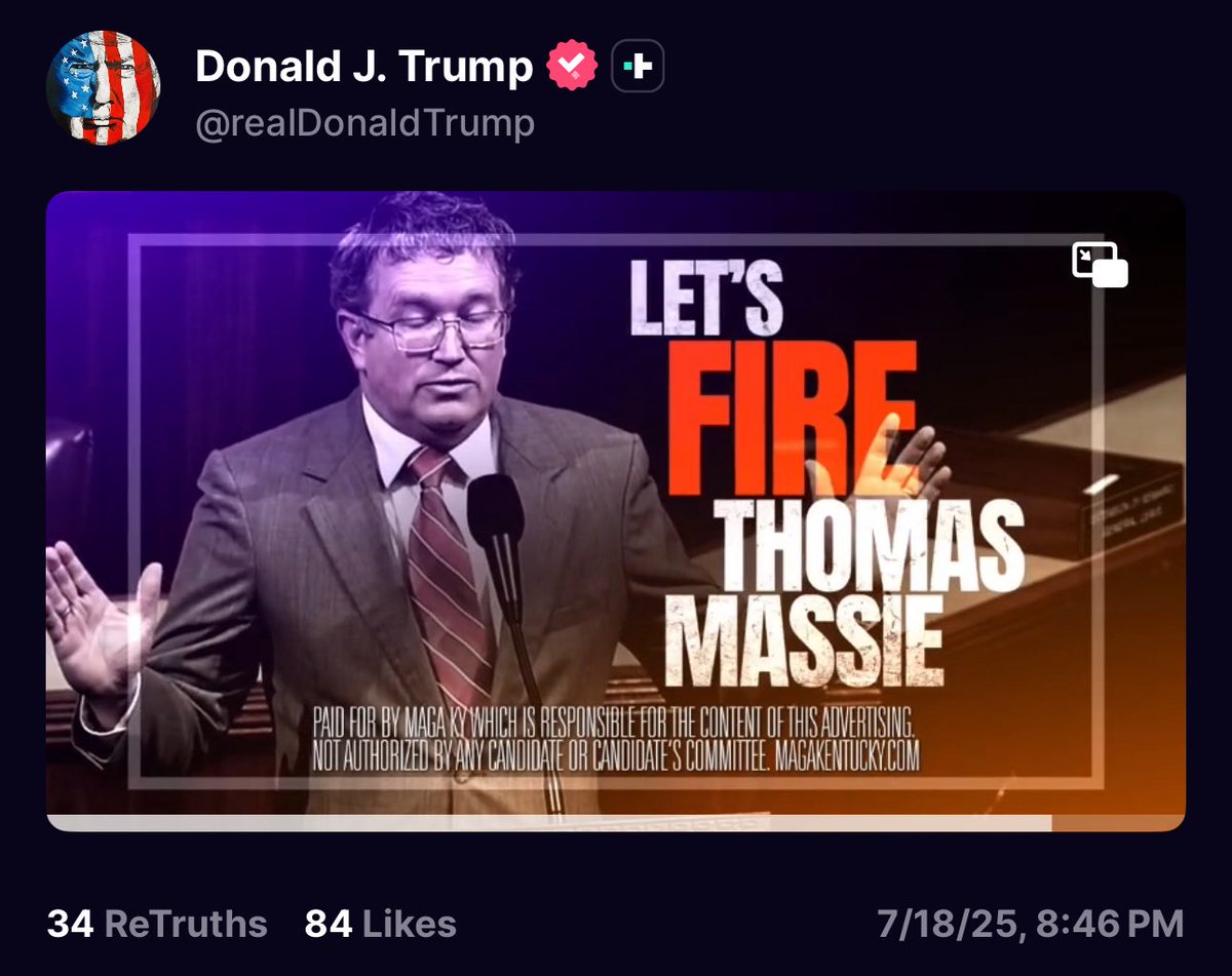 KarlKWuckert's tweet image. Trump just posted another hit piece about @RepThomasMassie.
“Let’s fire Thomas Massie.”
I’ve said it before and I’ll say it again,
every time Trump slanders Massie or singles him out, it shows how deeply frightened he is.
That alone should tell you Massie isn’t part of the…