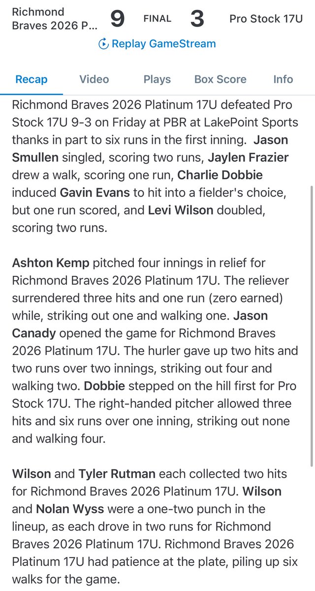 Richmond Braves (@richmondbraves) on Twitter photo 2026 Platinum moves to 3-0 at the PBR National Championships!
Big games at the dish from <a href="/Tyler_Rutman/">Tyler Rutman</a> and <a href="/LeviWilson109/">Levi Wilson 2026</a> and a big time performance on the bump from <a href="/AshtonKemp50/">Ashton Kemp</a> ! <a href="/PrepBaseballVA/">Prep Baseball Virginia/DC</a> 2026 Platinum moves to 3-0 at the PBR National Championships!
Big games at the dish from <a href="/Tyler_Rutman/">Tyler Rutman</a> and <a href="/LeviWilson109/">Levi Wilson 2026</a> and a big time performance on the bump from <a href="/AshtonKemp50/">Ashton Kemp</a> ! <a href="/PrepBaseballVA/">Prep Baseball Virginia/DC</a>