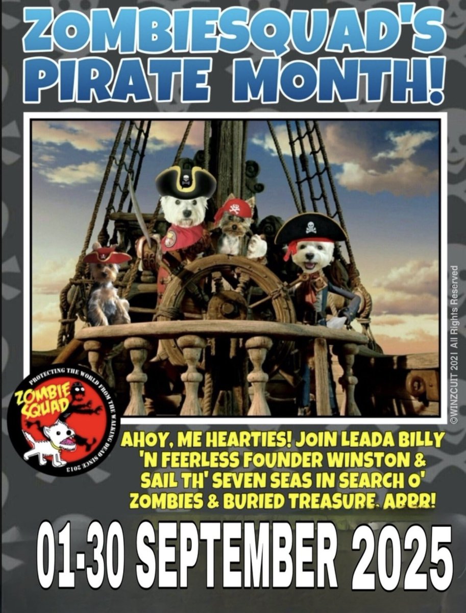 Ahoy #TJ5ZombieSquad ye ready to go pirating in Sept? Avast ye…now choose a proper pirate name &amp; DM us by 8/1/25. Savvy? Yo Ho Ho #ZZST #ZSPirateMonth 
-Wilbur &amp; Ernie
<a href="/Coopers_PR_Mom/">CLawGrl & Cooper 🐾</a>
<a href="/ElizGriff2016/">Elizabeth Griffith</a> 
<a href="/DottieMinerva1/">Dottie Minerva</a>
@MinnieCat16
<a href="/websparx/">Rocket 🚀 Dawg & memories of 🌈 Sugar</a>
<a href="/annielynnshea/">Adrienne & Rugie-Roo</a>
<a href="/BogartSmith3/">Corporal Cheeto the Marvelous</a>
<a href="/MingxiTzu/">MingxiTzu 🇨🇦</a>