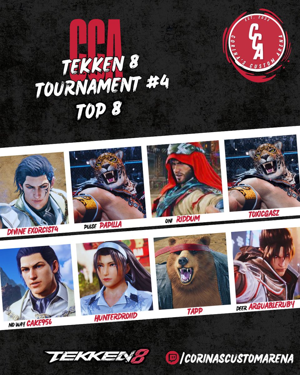 We are live with our TEKKEN 8 Tournament #4!

TOP 8 Ft. <a href="/ArguableR/">ArguableRuby</a>, <a href="/DivineExorcist4/">DivineExorcist4</a>, <a href="/papillagameplay/">Pulse|Papilla</a>, <a href="/Riddum_Enjoyer/">ONi Riddum</a> &amp; more!

🔴 twitch.tv/corinascustoma…

🎙️ <a href="/themrleapfrog/">XFS | BES - MrLeapFrog</a> &amp; <a href="/mann_brick/">XFS | Brick_Mann</a> 

#Tekken8 #CCA