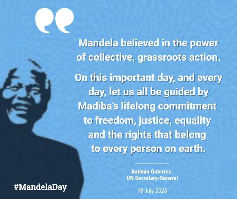 United Nations Geneva (@ungeneva) on Twitter photo "Mandela believed in the power of collective, grassroots action.
Let us all be guided by Madiba’s lifelong commitment to freedom, justice, equality and the rights that belong to every person on earth."
- <a href="/antonioguterres/">António Guterres</a> #MandelaDay "Mandela believed in the power of collective, grassroots action.
Let us all be guided by Madiba’s lifelong commitment to freedom, justice, equality and the rights that belong to every person on earth."
- <a href="/antonioguterres/">António Guterres</a> #MandelaDay