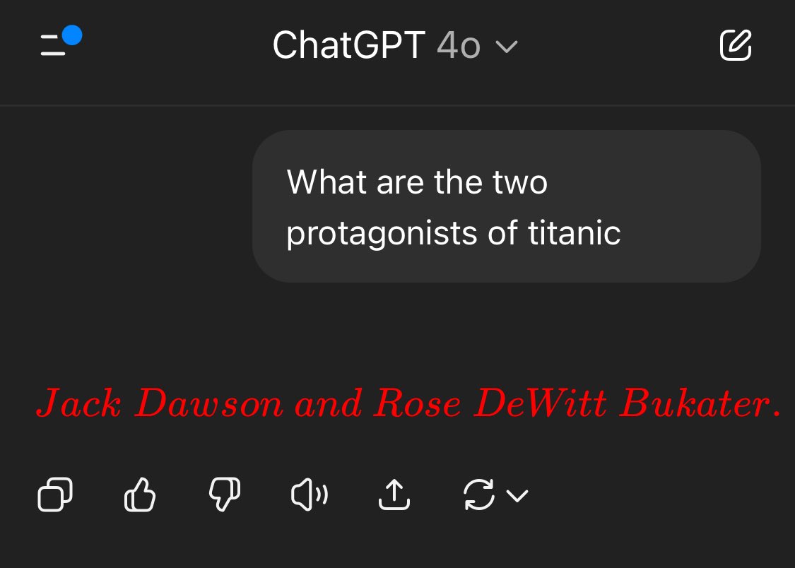 flowersslop's tweet image. You can make ChatGPT reply in red btw.
Write answers using LaTeX math mode with \textcolor{red}{...} inside $$...$$.