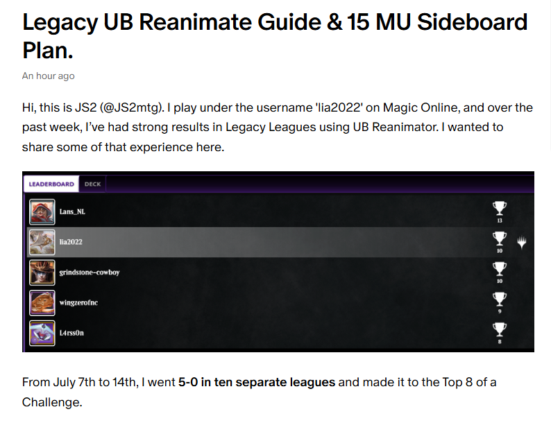 This season,  I make 10 trophies in a single week with UB Reanimator, You can check my sideboard plan vs 15 deck on Patreon. 

MOで一週間10回の5-0が取れた青黒リアニメイトデッキの記事をnoteに作成しました

<a href="/fireshoes/">Robert Taylor🔥</a>