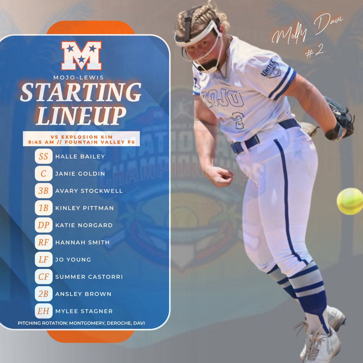 <a href="/PGFnetwork/">PGF</a> 16U Premier Nationals starts in the morning! Coaches, grab a ☕️ &amp; come see our 27s! 

🗓️ Tomorrow 
⏰ 9:45 am be there at 8:30
📍 Fountain Valley Sports Complex F6
🆚 Explosion Kim
⬇️ Starting Lineup (Pitchers on 2 inning rotation) 

#PGF2025 <a href="/BSherSB/">Barb Sherwood</a> <a href="/PGFnetwork/">PGF</a>