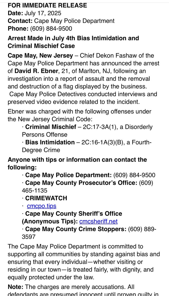 KeeleyFox29's tweet image. Marlton man,21,charged with Bias Intimidation & Criminal Mischief. Cape May Police arrested David Ebner “following an investigation into a report of assault & the removal & destruction of a flag displayed outside Fine Fellows Creamery on Beach Avenue in Cape May on 4th of July.”