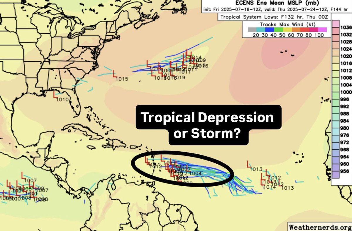 CollinGrossWx's tweet image. Some tropical trouble late next week in the Atlantic? Euro Ensembles showing a wave moving into the MDR (Main Development Region) and developing into a depression or storm. Conditions overall are very hostile to support a storm, but a Kelvin wave could help support convection.