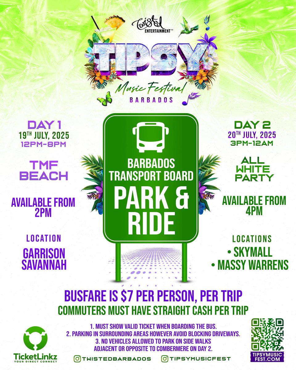 tipsymusicfest's tweet image. ๐๐ Say goodbye to parking stress and focus on the fun! ๐๐๐ฝ
PARK & RIDE TO TMF ๐๐ถ
Enjoy a convenient and safe journey to the hottest Summer festival ๐๐ courtesy of the Barbados Transport Board.
๐ฒ$7.00 BBD per person, per trip (please have straight cash)