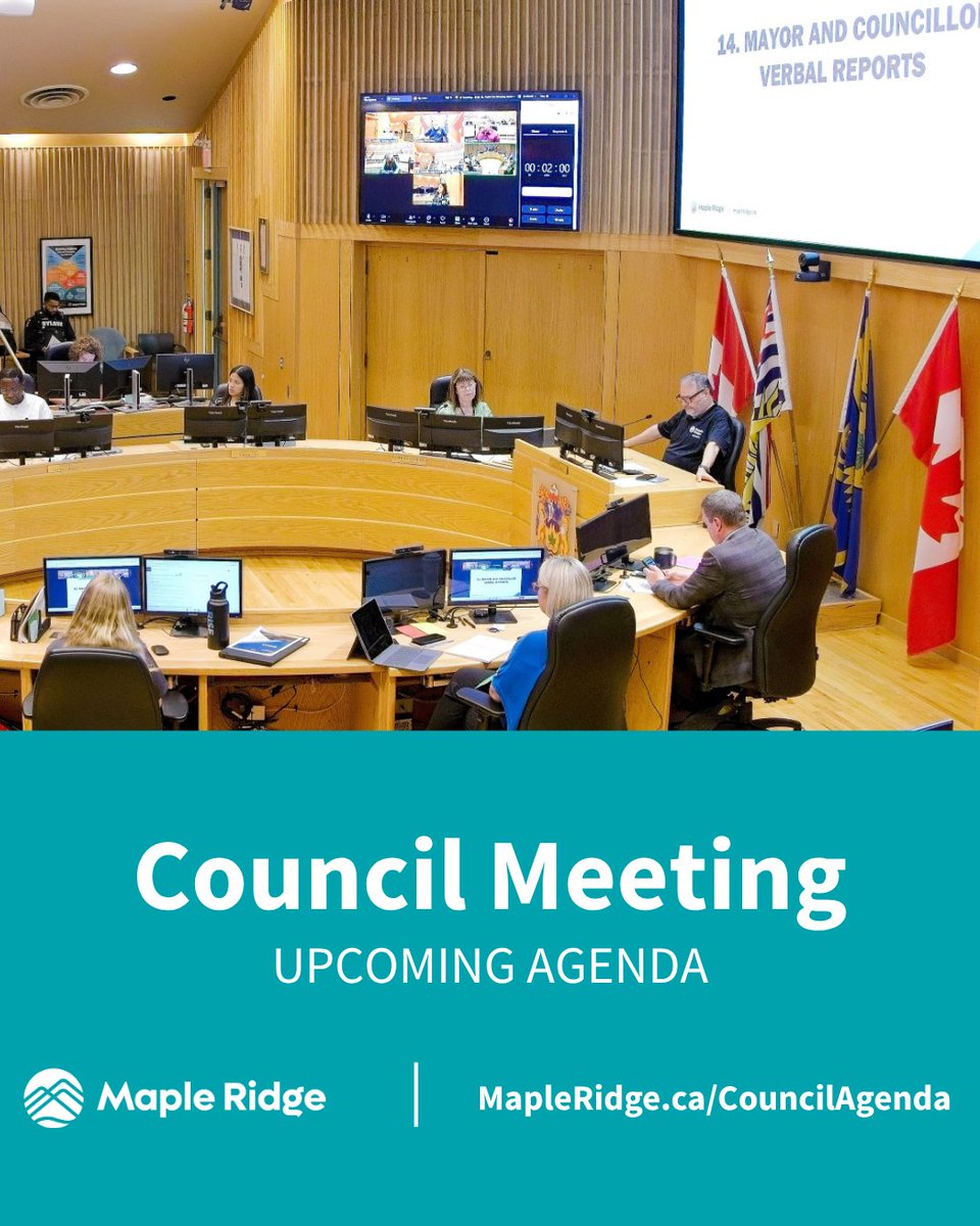 YourMapleRidge's tweet image. July 22 Council Agenda ⬇️
11AM
➡️Rezoning and development applications:
➡️ Housing Target Progress Report
➡️ Business Planning Guidelines
➡️ Council Strategic Plan Q2 Update
7PM
➡️ 12525 Blue Mountain Cres
➡️ 12194 & 12208 206 St
➡️ 10225 272 St
📋 MapleRidge.ca/CouncilMeetings