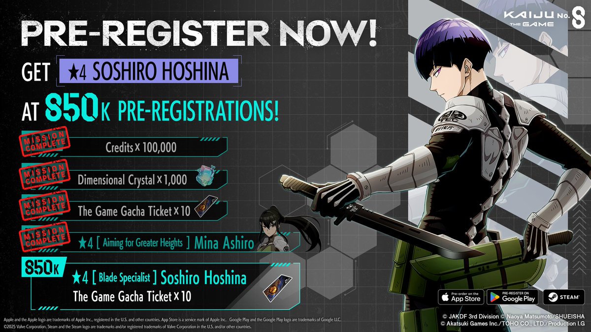 kj8_TheGame_EN's tweet image. ◤ #KaijuNo8THEGAME
Pre-registration rewards added! ◢
Reach 850K pre-registrations to get ★4 Soshiro Hoshina and THE GAME Gacha Ticket x10!
■ Pre-register here: kj8.onelink.me/gBrL/csl62l0a
#K8Game #KaijuNo8