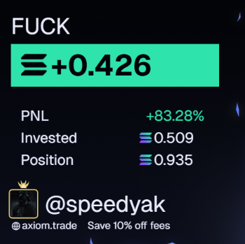 Trade 23 : $FUCK
Saw the dex get paid, MC at 37k. Watched it for a bit, comms was active, bought in on a dip right after bond. Sold initials at 100k, rode it to 210k mc and sold for .4 profit. Solid trade.