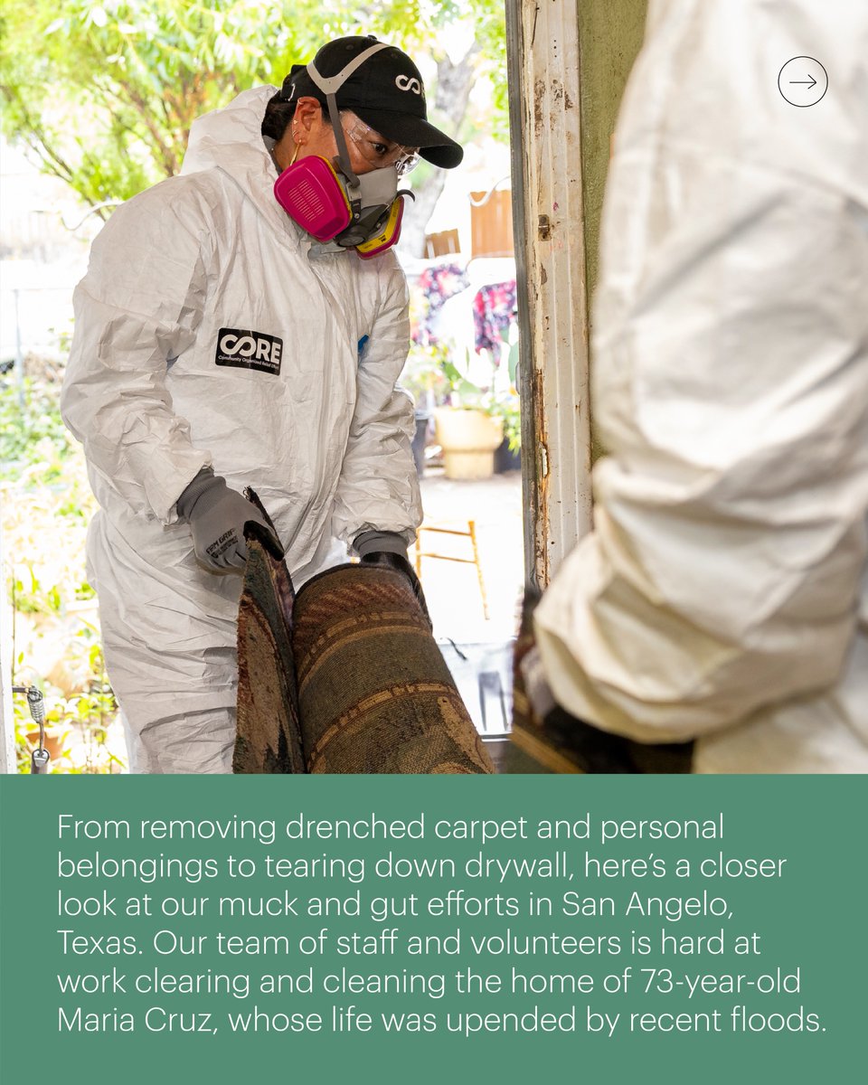 COREresponse's tweet image. From removing drenched carpet & personal belongings to tearing down drywall, here’s a closer look at our muck & gut efforts in San Angelo, Texas. A huge thank you to @ToolBankUSA for equipping us with the essential tools—power tools, ladders, PPE, debris sleds, and more!