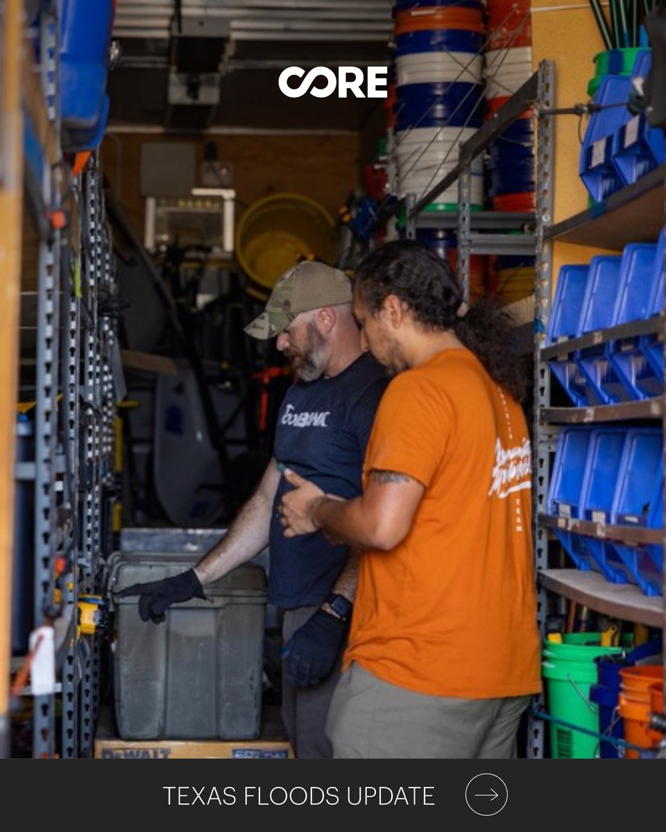 COREresponse's tweet image. From removing drenched carpet & personal belongings to tearing down drywall, here’s a closer look at our muck & gut efforts in San Angelo, Texas. A huge thank you to @ToolBankUSA for equipping us with the essential tools—power tools, ladders, PPE, debris sleds, and more!