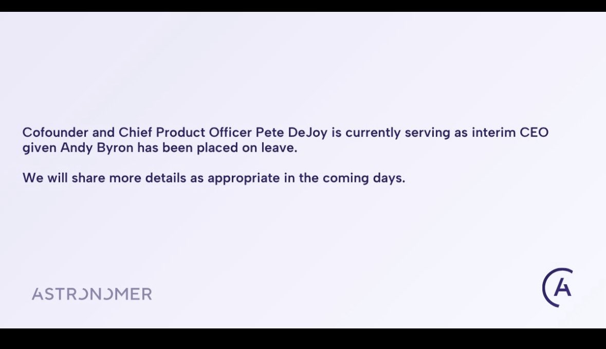 MelissaLMRogers's tweet image. Astronomer just shared that Andy Byron is now on Leave, and Cofounder and Chief Product Officer Pete DeJoy is currently serving as interim CEO